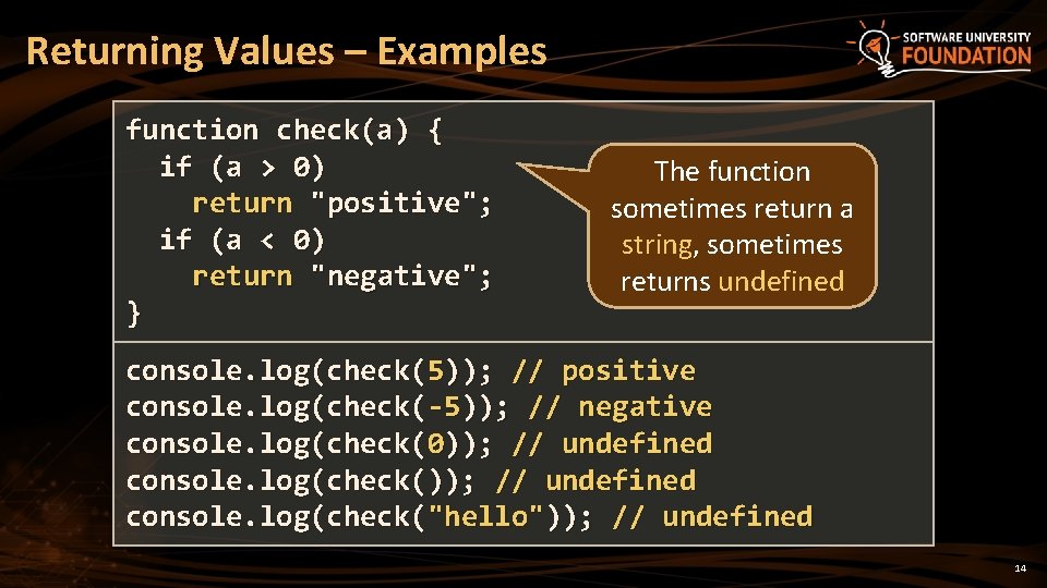 Returning Values – Examples function check(a) { if (a > 0) return "positive"; if