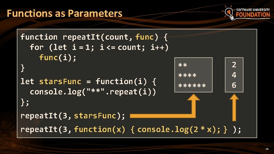 Functions as Parameters function repeat. It(count, func) { for (let i = 1; i