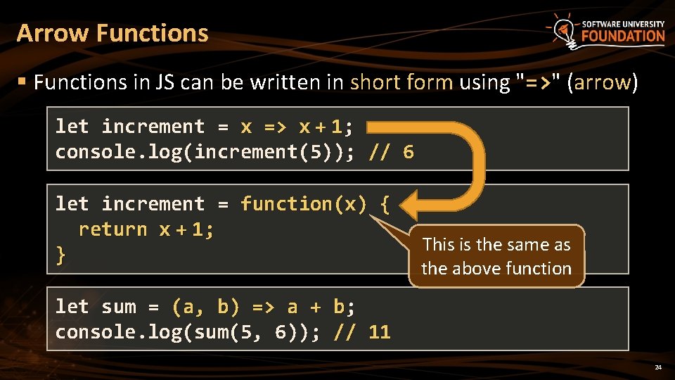 Arrow Functions § Functions in JS can be written in short form using "=>"