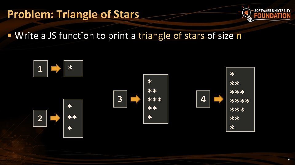 Problem: Triangle of Stars § Write a JS function to print a triangle of