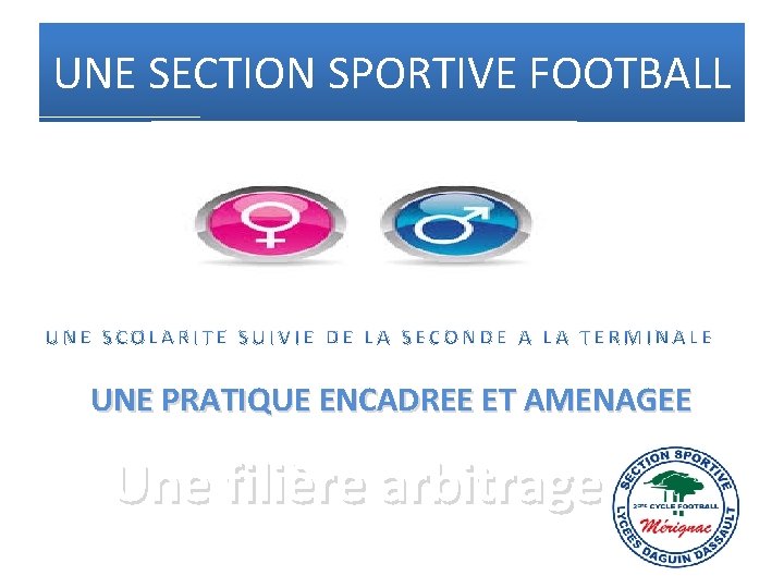 UNE SECTION SPORTIVE FOOTBALL UNE PRATIQUE ENCADREE ET AMENAGEE Une filière arbitrage 