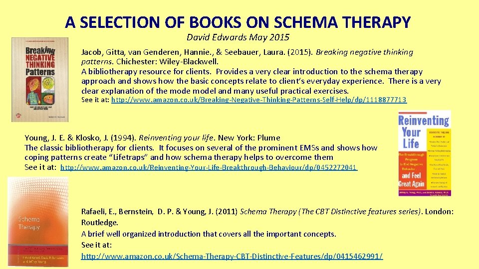 A SELECTION OF BOOKS ON SCHEMA THERAPY David Edwards May 2015 Jacob, Gitta, van