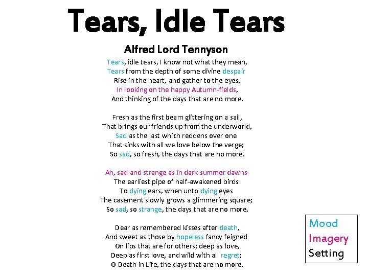 Tears, Idle Tears Alfred Lord Tennyson Tears, idle tears, I know not what they