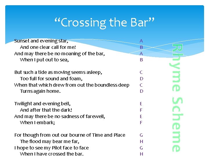 “Crossing the Bar” A B But such a tide as moving seems asleep, Too