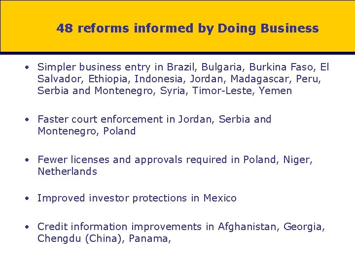 48 reforms informed by Doing Business • Simpler business entry in Brazil, Bulgaria, Burkina