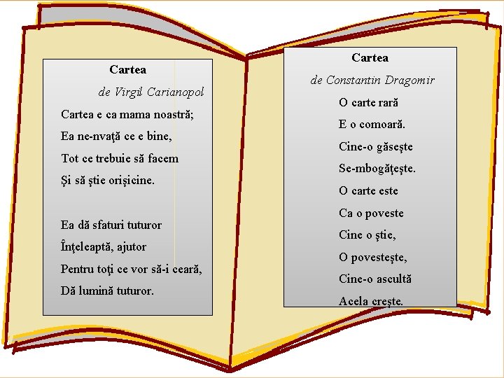 Cartea de Virgil Carianopol Cartea e ca mama noastră; Ea ne-nvaţă ce e bine,