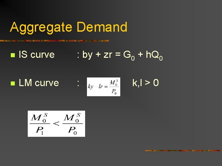 Aggregate Demand n IS curve : by + zr = G 0 + h.