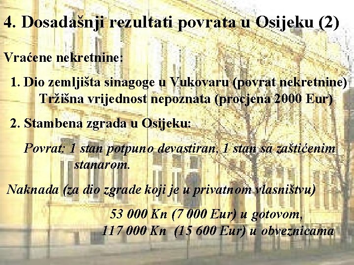 4. Dosadašnji rezultati povrata u Osijeku (2) Vraćene nekretnine: 1. Dio zemljišta sinagoge u