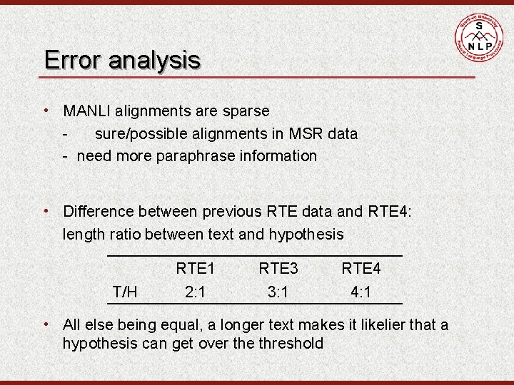 Error analysis • MANLI alignments are sparse sure/possible alignments in MSR data - need