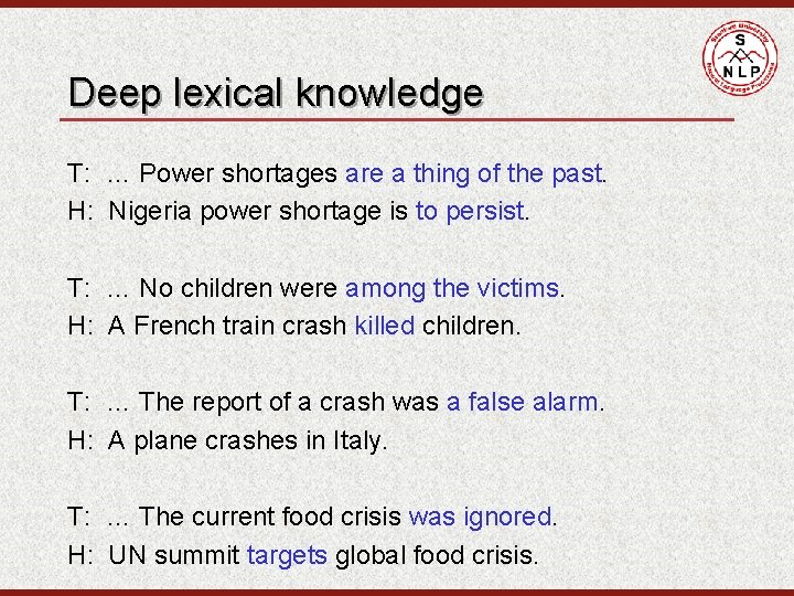 Deep lexical knowledge T: … Power shortages are a thing of the past. H: