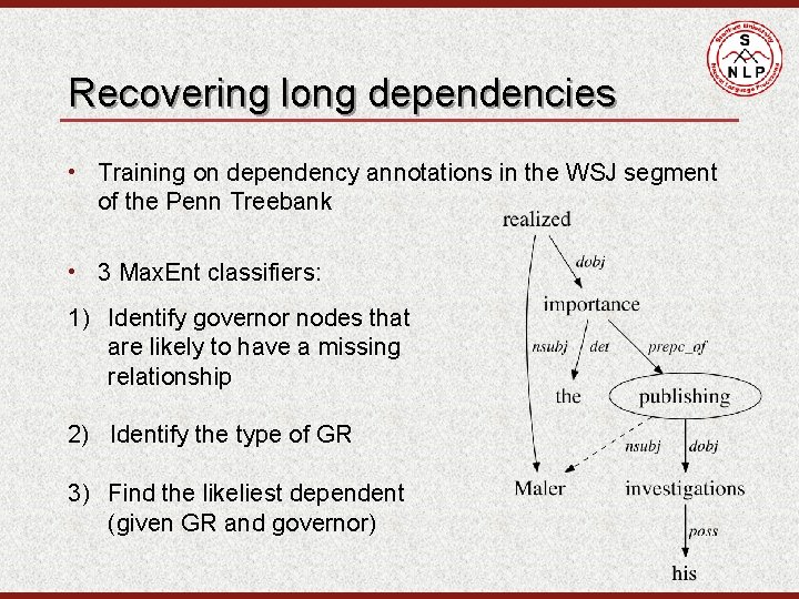 Recovering long dependencies • Training on dependency annotations in the WSJ segment of the