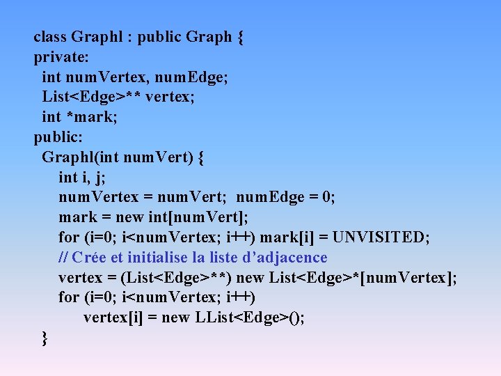 class Graphl : public Graph { private: int num. Vertex, num. Edge; List<Edge>** vertex;