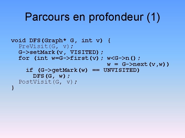 Parcours en profondeur (1) void DFS(Graph* G, int v) { Pre. Visit(G, v); G->set.