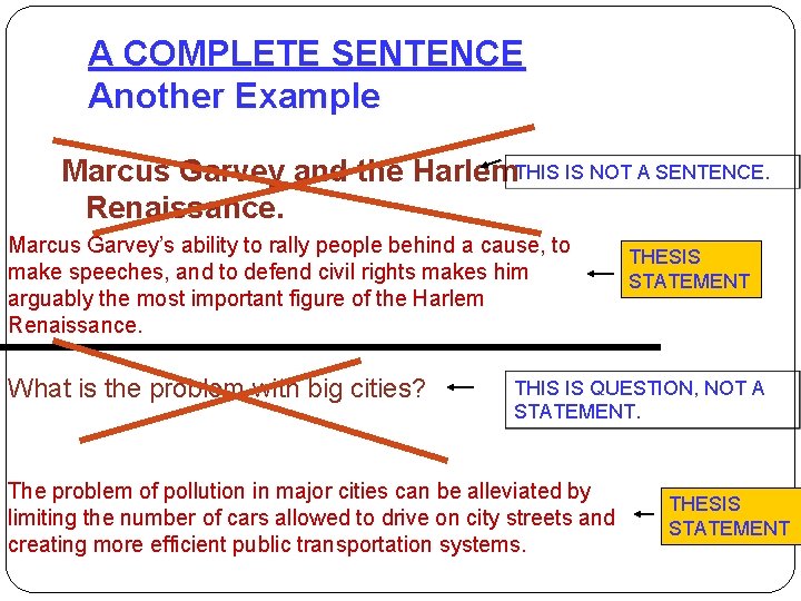 A COMPLETE SENTENCE Another Example Marcus Garvey and the Harlem. THIS IS NOT A