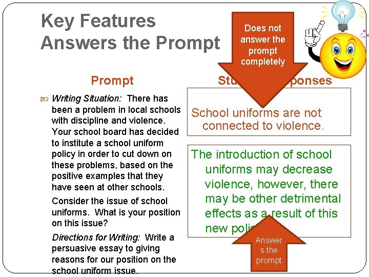 Key Features Answers the Prompt Does not answer the prompt completely Student Responses Writing