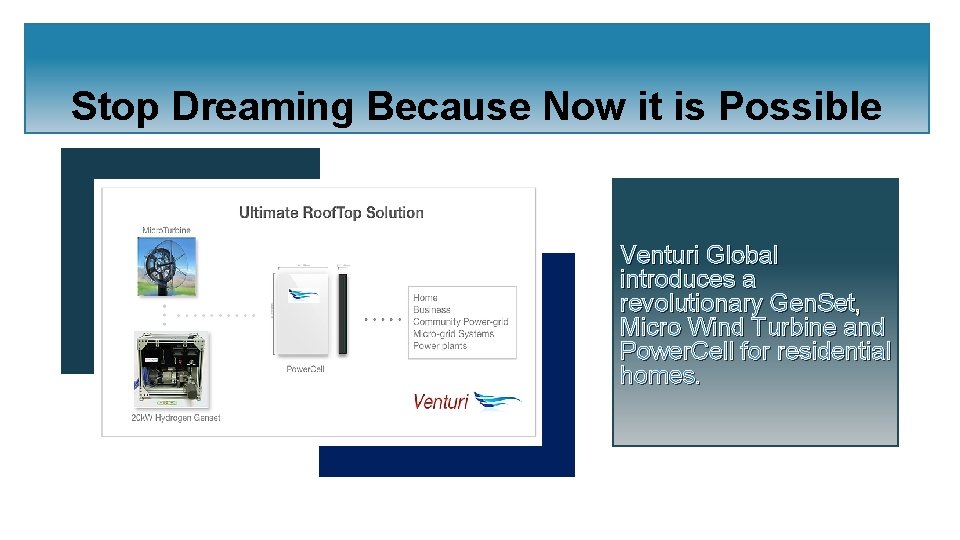 Stop Dreaming Because Now it is Possible Venturi Global introduces a revolutionary Gen. Set,