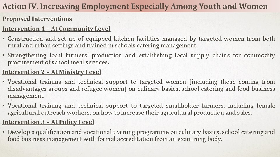 Action IV. Increasing Employment Especially Among Youth and Women Proposed Interventions Intervention 1 –