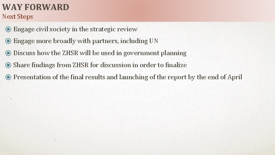 WAY FORWARD Next Steps ⦿ Engage civil society in the strategic review ⦿ Engage