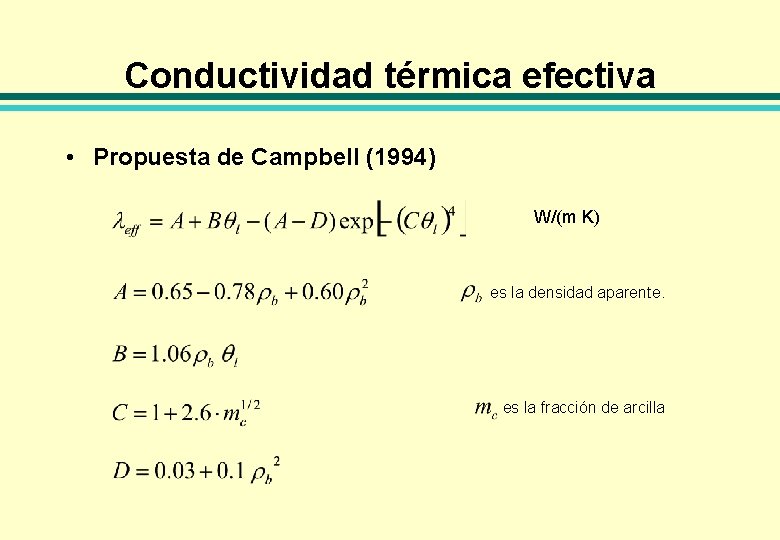 Conductividad térmica efectiva • Propuesta de Campbell (1994) W/(m K) es la densidad aparente.