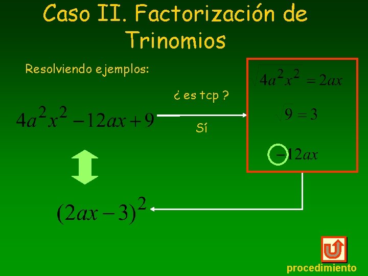 Caso II. Factorización de Trinomios Resolviendo ejemplos: ¿ es tcp ? Sí procedimiento 