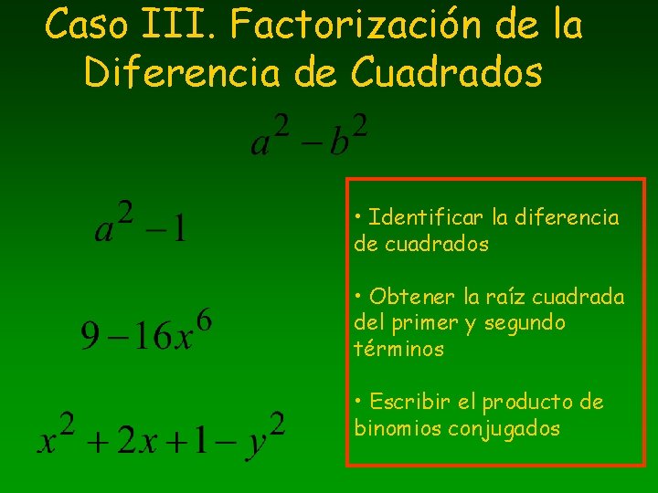 Caso III. Factorización de la Diferencia de Cuadrados • Identificar la diferencia de cuadrados