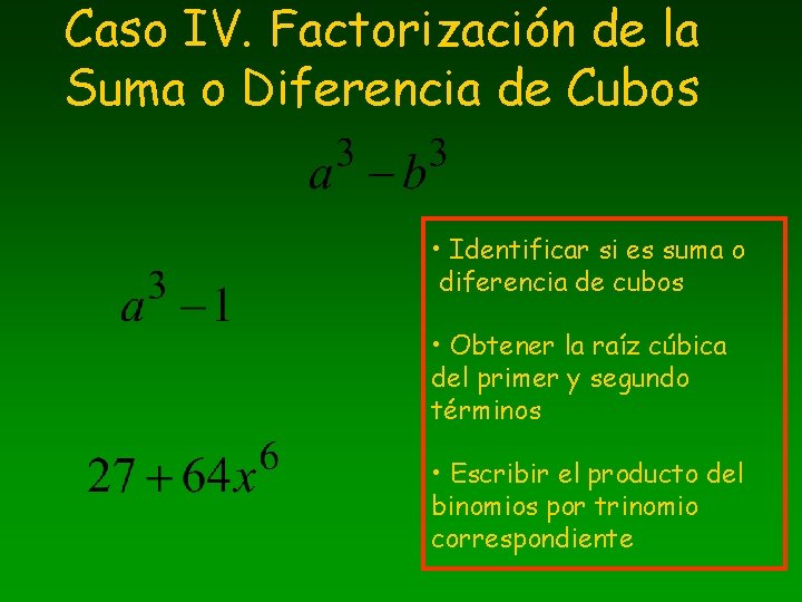 Caso IV. Factorización de la Suma o Diferencia de Cubos • Identificar si es