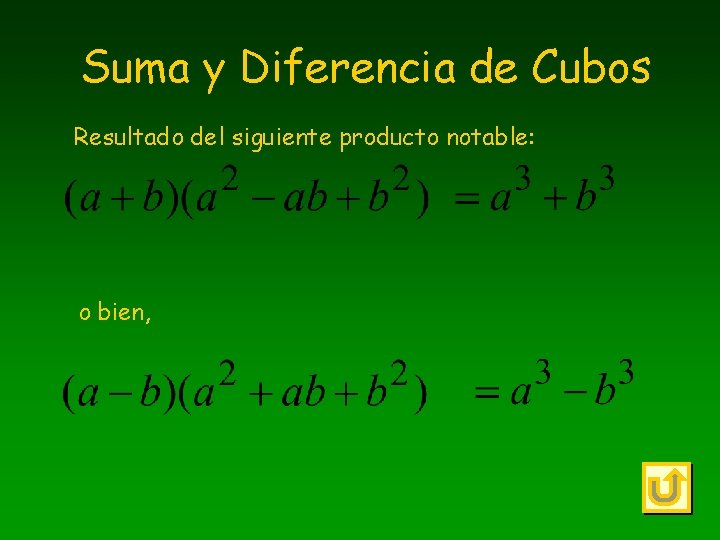 Suma y Diferencia de Cubos Resultado del siguiente producto notable: o bien, 