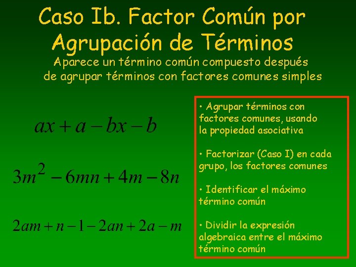 Caso Ib. Factor Común por Agrupación de Términos Aparece un término común compuesto después