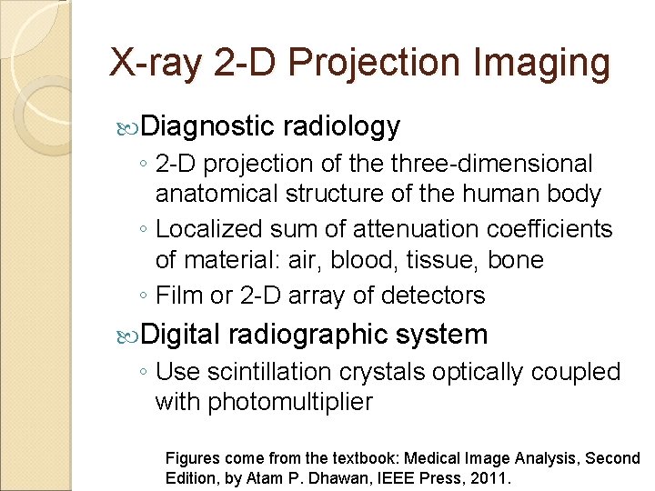 X-ray 2 -D Projection Imaging Diagnostic radiology ◦ 2 -D projection of the three-dimensional