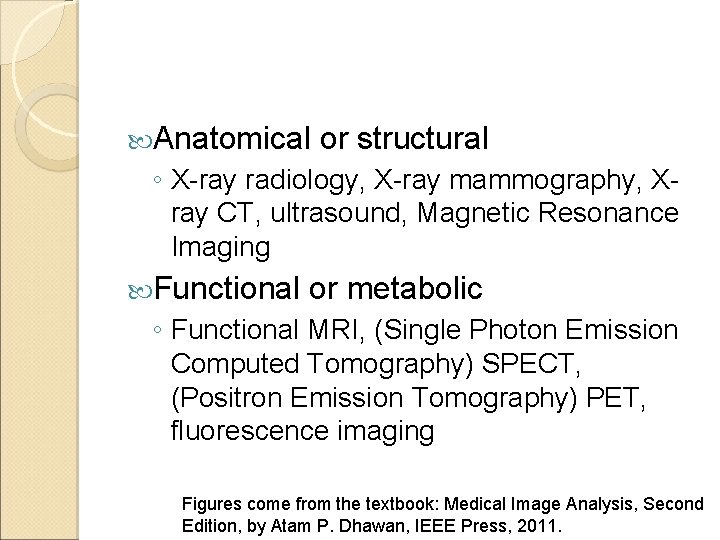 Anatomical or structural ◦ X-ray radiology, X-ray mammography, Xray CT, ultrasound, Magnetic Resonance