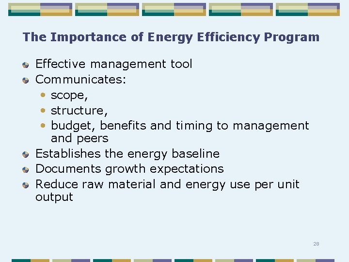 The Importance of Energy Efficiency Program Effective management tool Communicates: • scope, • structure,