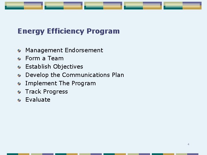 Energy Efficiency Program Management Endorsement Form a Team Establish Objectives Develop the Communications Plan