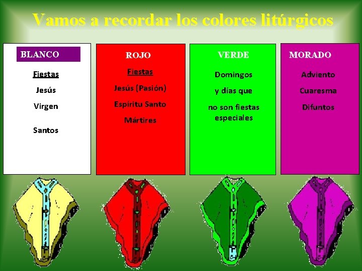 Vamos a recordar los colores litúrgicos BLANCO ROJO VERDE Fiestas Domingos Adviento Jesús (Pasión) Vamos a recordar los colores litúrgicos BLANCO ROJO VERDE Fiestas Domingos Adviento Jesús (Pasión)