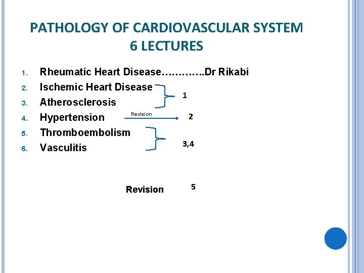 PATHOLOGY OF CARDIOVASCULAR SYSTEM 6 LECTURES 1. 2. 3. 4. 5. 6. Rheumatic Heart