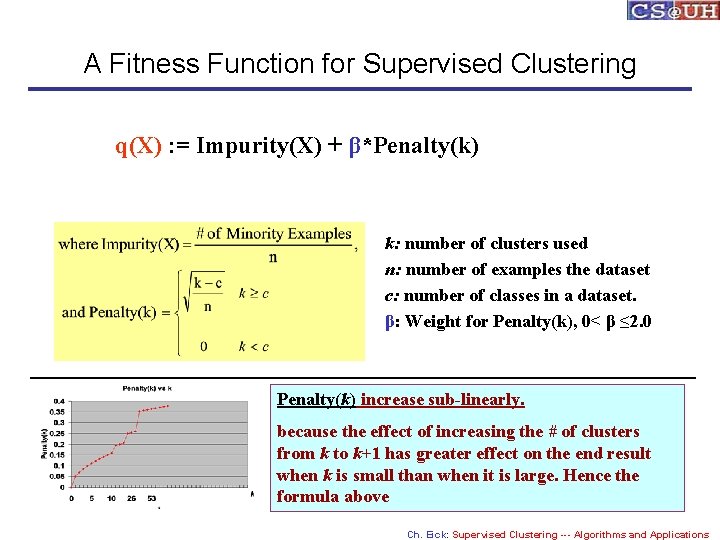 A Fitness Function for Supervised Clustering q(X) : = Impurity(X) + β*Penalty(k) k: number