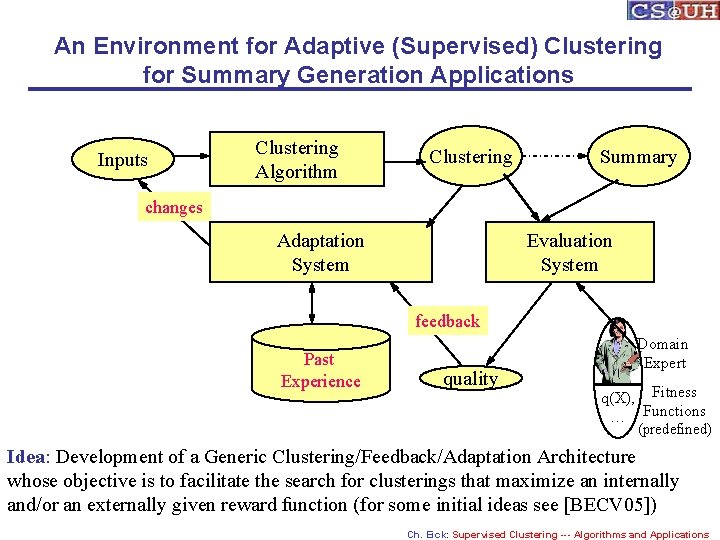 An Environment for Adaptive (Supervised) Clustering for Summary Generation Applications Inputs Clustering Algorithm Clustering
