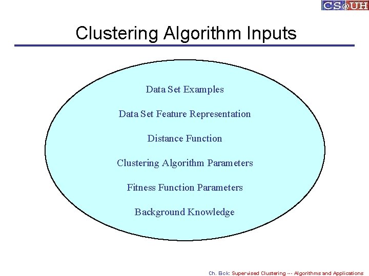 Clustering Algorithm Inputs Data Set Examples Data Set Feature Representation Distance Function Clustering Algorithm