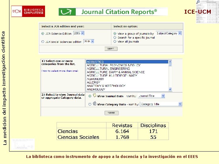 La medición del impacto investigación científica ICE-UCM La biblioteca como instrumento de apoyo a