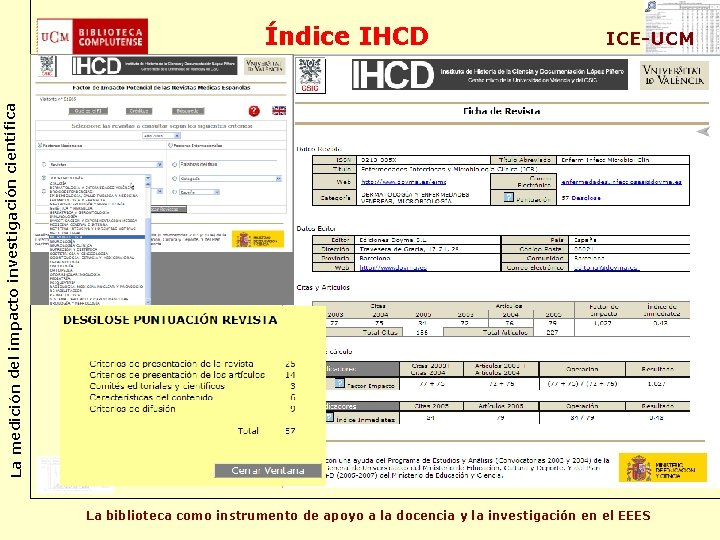 ICE-UCM La medición del impacto investigación científica Índice IHCD La biblioteca como instrumento de