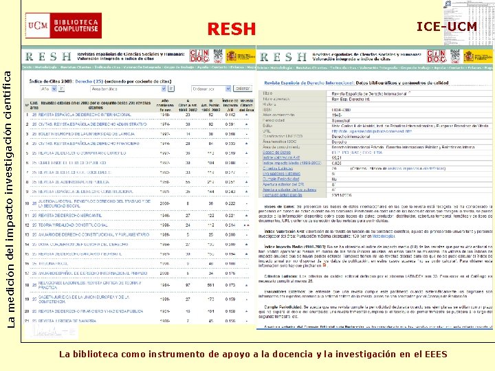ICE-UCM La medición del impacto investigación científica RESH La biblioteca como instrumento de apoyo