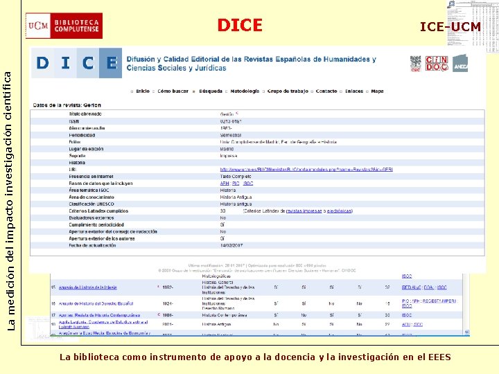 ICE-UCM La medición del impacto investigación científica DICE La biblioteca como instrumento de apoyo