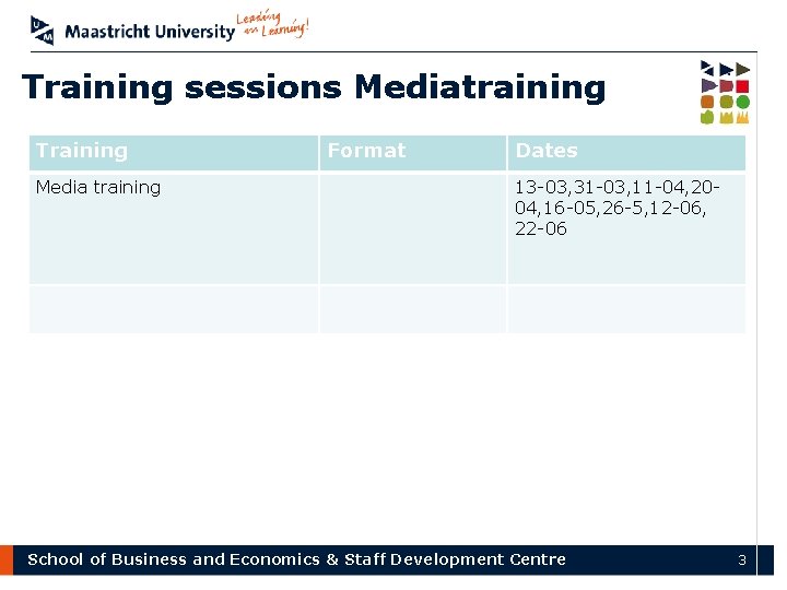 Training sessions Mediatraining Training Media training Format Dates 13 -03, 31 -03, 11 -04,