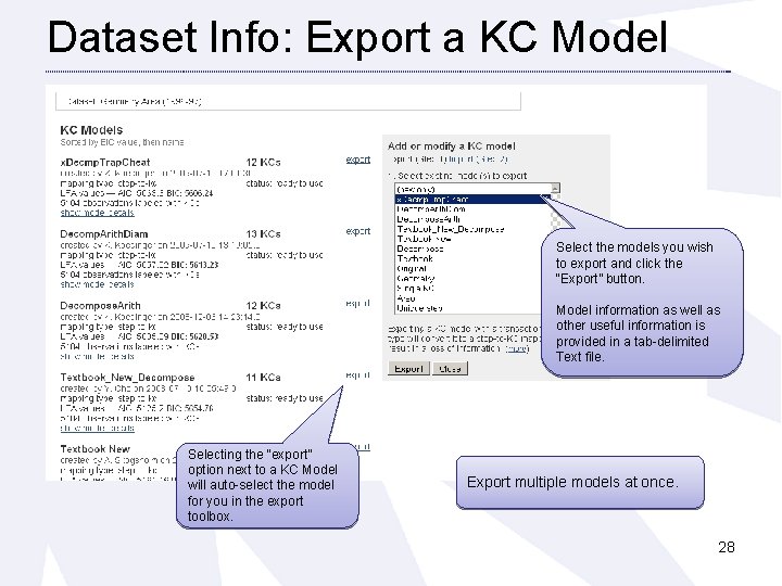 Dataset Info: Export a KC Model Select the models you wish to export and