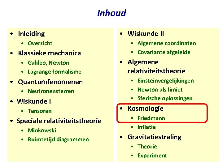 Inhoud • Inleiding • Wiskunde II • Overzicht • Algemene coordinaten • Covariante afgeleide