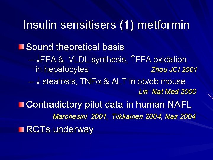 Insulin sensitisers (1) metformin Sound theoretical basis – FFA & VLDL synthesis, FFA oxidation