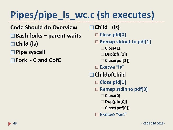 Pipes/pipe_ls_wc. c (sh executes) Code Should do Overview � Bash forks – parent waits