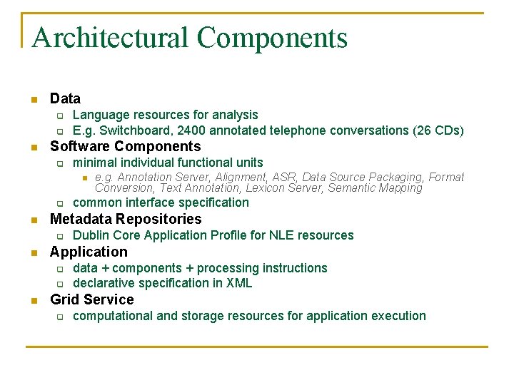 Architectural Components n Data q q n Language resources for analysis E. g. Switchboard,