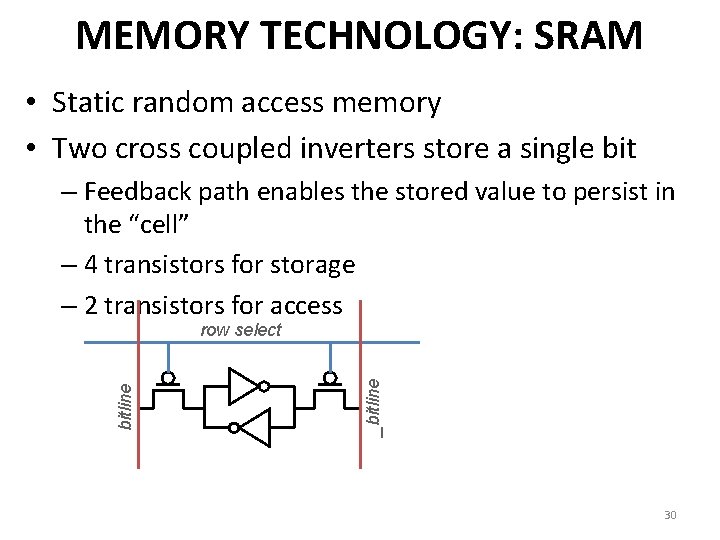 MEMORY TECHNOLOGY: SRAM • Static random access memory • Two cross coupled inverters store