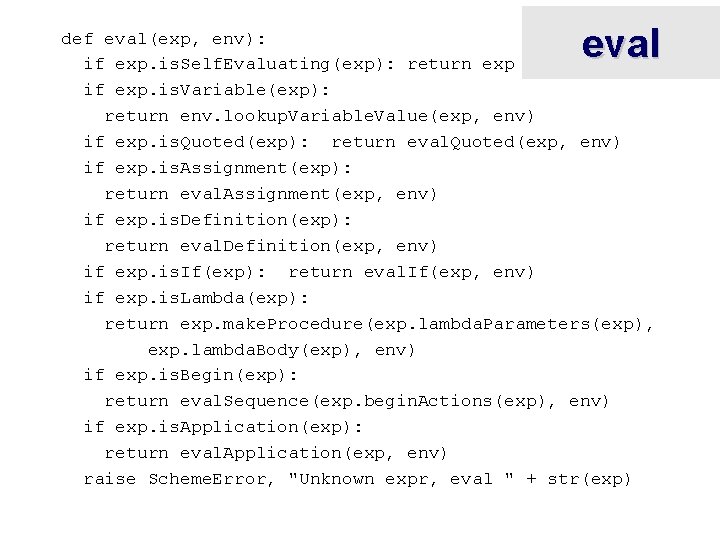 eval def eval(exp, env): if exp. is. Self. Evaluating(exp): return exp if exp. is.