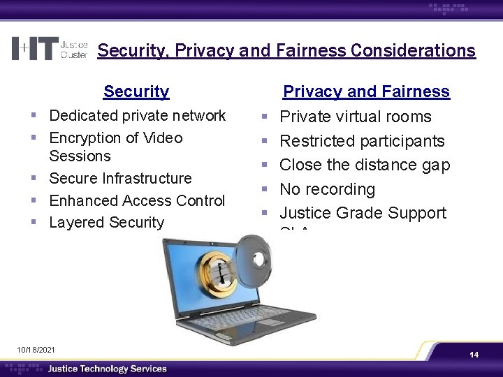 Security, Privacy and Fairness Considerations Security § Dedicated private network § Encryption of Video Security, Privacy and Fairness Considerations Security § Dedicated private network § Encryption of Video